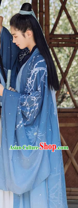 China Jin Dynasty Young Hero Clothing Ancient Swordsman Garment Costumes Blue Hanfu China Jin Dynasty Young Hero Clothing Ancient Swordsman Garment Costumes Blue Hanfu