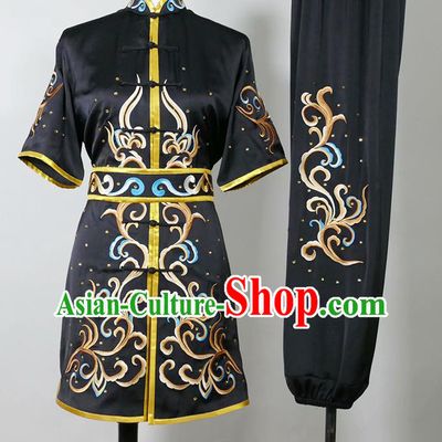China Wushu Training Embroidered Clothing Kung Fu Tournament Black Uniform Martial Arts Changquan Performance Costume