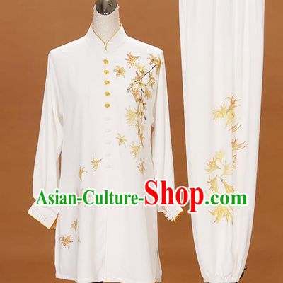 China Kung Fu Performance Costume Martial Arts Tournament Embroidered Maple Lead Clothing Tai Chi Competition White Uniform