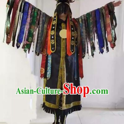 Chinese Sacrifice God Dancing Garments Witchcraft Performance Costumes and Headdress Nuo Opera Master Clothing