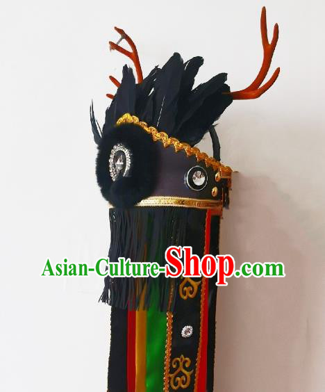 China Drama God Antlers Hat Handmade Nuo Opera Black Feather Headpiece Sacrifice Dance Headwear China Drama God Antlers Hat Handmade Nuo Opera Black Feather Headpiece Sacrifice Dance Headwear