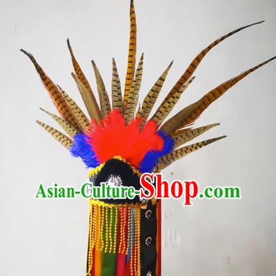 China Sacrifice Dance Headwear Drama God Feather Hat Handmade Nuo Opera Master Headpiece