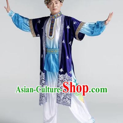 Chinese Xinjiang Dance Clothing Kazak Nationality Male Dance Costumes Ethnic Stage Performance Blue Outfit
