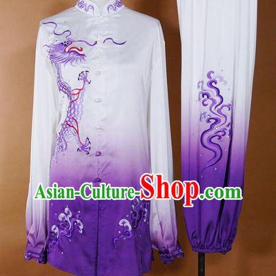 China Martial Arts Costume Tai Chi Performance Outfit Taijiquan Training Embroidered Dragon Clothing Kung Fu Tournament Purple Uniform