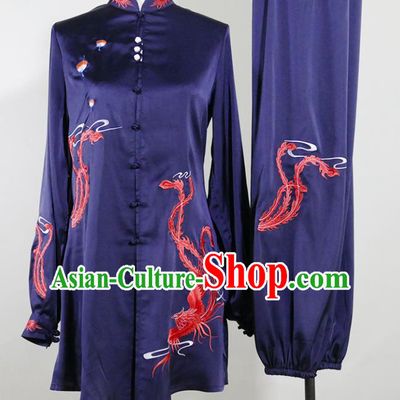 China Tai Chi Training Embroidered Phoenix Clothing Female Kung Fu Tournament Navy Uniform Martial Arts Performance Costume