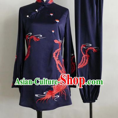 China Martial Arts Performance Costume Tai Chi Training Embroidered Phoenix Clothing Female Kung Fu Tournament Navy Uniform