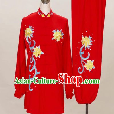 China Female Kung Fu Tournament Red Uniform Martial Arts Performance Costume Tai Chi Training Embroidered Peony Clothing