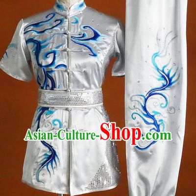 China Kung Fu Silver Uniform Martial Arts Performance Costume Swordsmanship Changquan Competition Clothing
