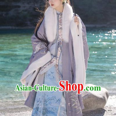 Female Hanfu Ming Dynasty Winter Costumes Chinese Ancient Women Embroidered Cape Long Gown and Skirt Set