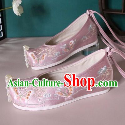 Chinese Hanfu Shoes Pink Satin Embroidered Shoes Ancient Princess Shoes