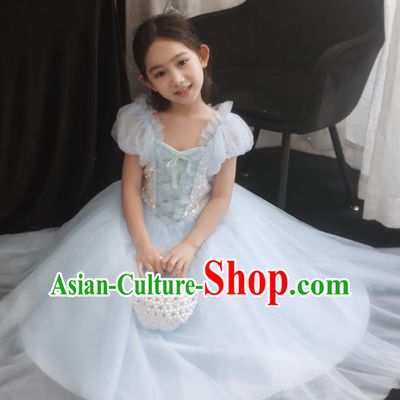 Princess Birthday Light Blue Dress Top Model Contest Fashion Children Day Performance Clothing Girl Catwalks Costume