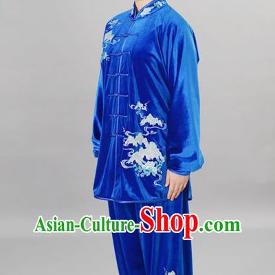 Chinese Female Tai Chi Royal Blue Velvet Suit Martial Arts Clothing Winter Taiji Quan Training Uniform Wushu Competition Clothes