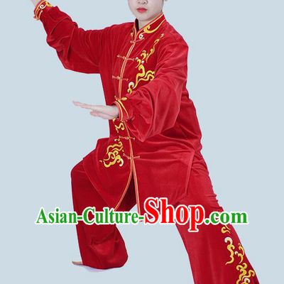 Chinese Taiji Chuan Clothes Female Kung Fu Red Velvet Suit Martial Arts Clothing Winter Tai Chi Training Uniform