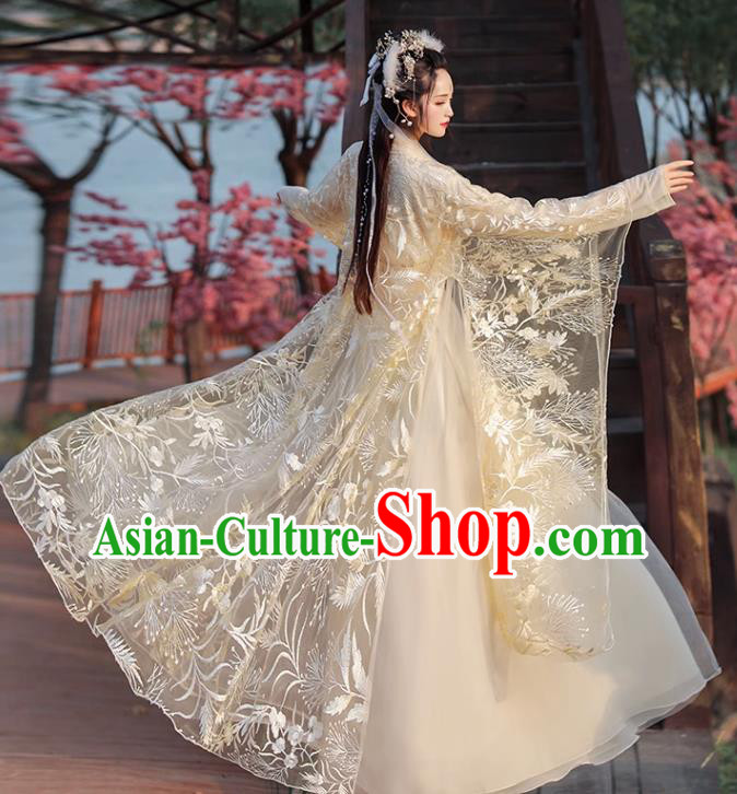 Chinese Ming Dynasty Princess Clothing Traditional Champagne Hanfu Dress Ancient Goddess Costumes Chinese Ming Dynasty Princess Clothing Traditional Champagne Hanfu Dress Ancient Goddess Costumes