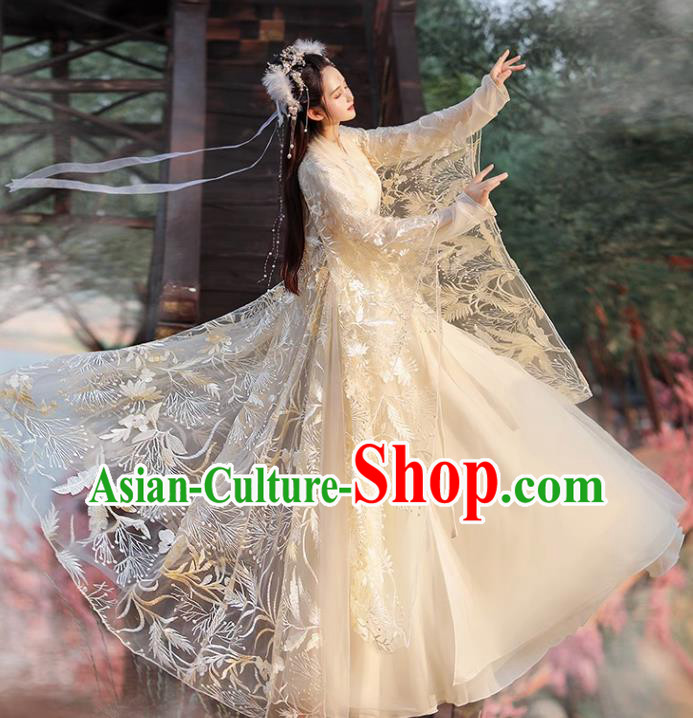 Chinese Ming Dynasty Princess Clothing Traditional Champagne Hanfu Dress Ancient Goddess Costumes Chinese Ming Dynasty Princess Clothing Traditional Champagne Hanfu Dress Ancient Goddess Costumes