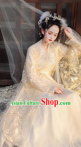 Chinese Ming Dynasty Princess Clothing Traditional Champagne Hanfu Dress Ancient Goddess Costumes Chinese Ming Dynasty Princess Clothing Traditional Champagne Hanfu Dress Ancient Goddess Costumes