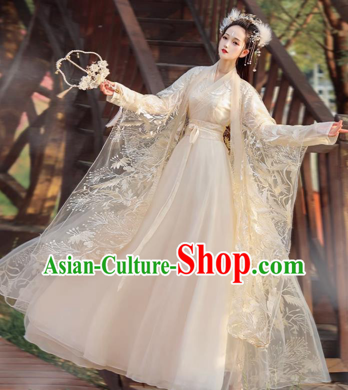 Chinese Ming Dynasty Princess Clothing Traditional Champagne Hanfu Dress Ancient Goddess Costumes Chinese Ming Dynasty Princess Clothing Traditional Champagne Hanfu Dress Ancient Goddess Costumes