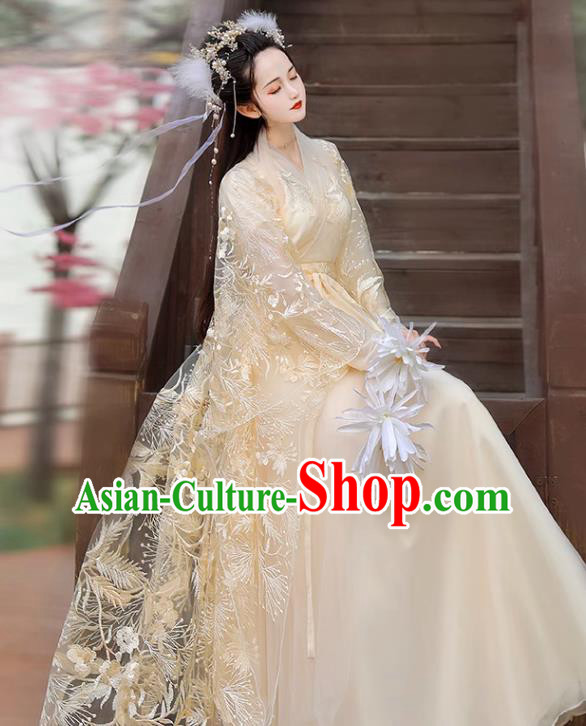 Chinese Ming Dynasty Princess Clothing Traditional Champagne Hanfu Dress Ancient Goddess Costumes Chinese Ming Dynasty Princess Clothing Traditional Champagne Hanfu Dress Ancient Goddess Costumes