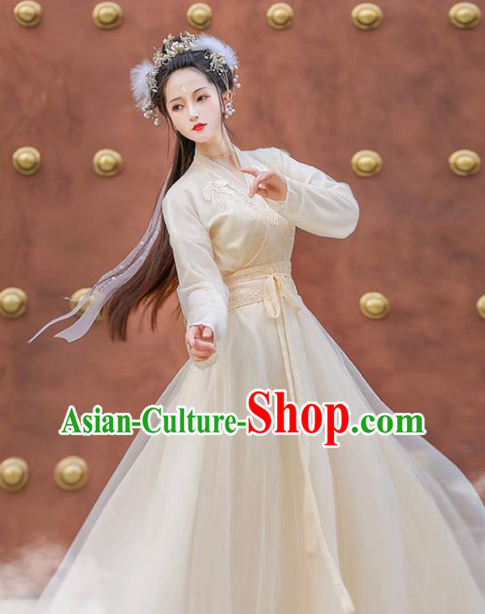 Chinese Ming Dynasty Princess Clothing Traditional Champagne Hanfu Dress Ancient Goddess Costumes Chinese Ming Dynasty Princess Clothing Traditional Champagne Hanfu Dress Ancient Goddess Costumes