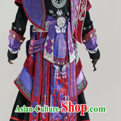 Top Ancient Ethnic Sorceress Costumes Cosplay Swordswoman Purple Clothes Jian Xia Qing Yuan Five Deadly Venoms Lady Clothing