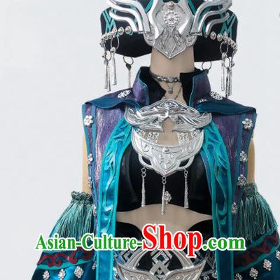Top Jian Xia Qing Yuan Young Lady Clothing Ancient Ethnic Princess Costume Cosplay Sorceress Dress and Headdress