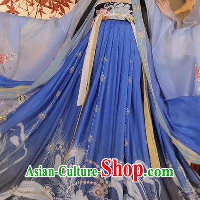 Ancient China Traditional Hanfu Runqun Blue Dress Fairy Costumes Tang Dynasty Woman Clothing