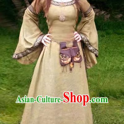 Witch Costume Cosplay European Medieval Retro Dress With Long Sleeves Round Collar And Slim Fit For Ladies Role Play