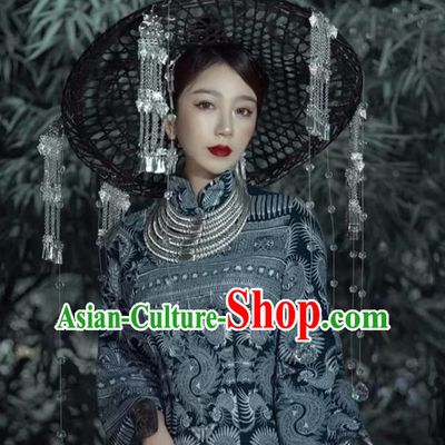 Miao Nationality Silver Hat Handmade Bucket Hat Miao Nationality Tujia Decorative Hat Phoenix Travel Photography Props Clothing