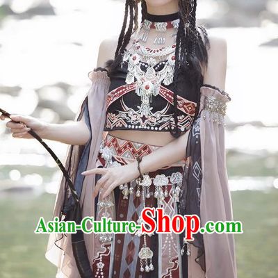Ethnic Minority Costumes Exotic Hanfu Black Hani Printing Embroidery Silver Jewelry Complete Set