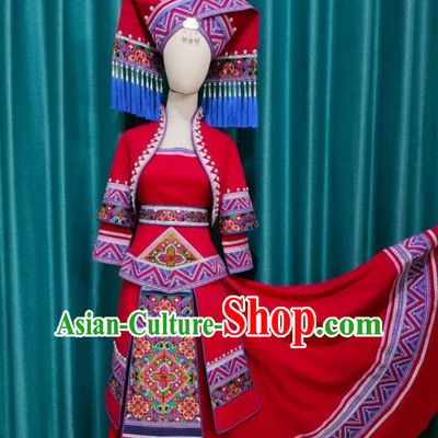 Guangxi Ethnic Minority Clothing March 3 Zhuang Red Bride Dress 360 Degree Skirt