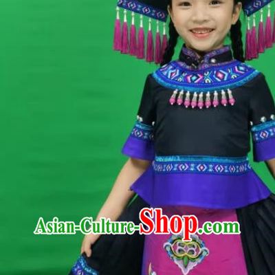 Zhuang Costume Minority Children Women Short Skirt Black Cute Stage Performance