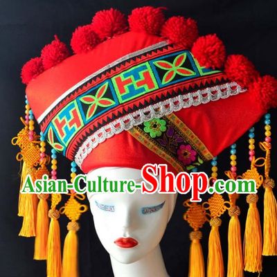 Guangxi Women Adult Minority Performance Hat Zhuang Nationality Folk Song Advanced Embroidery Handmade Headwear