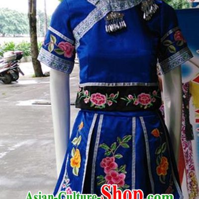 Blue Yi Zhuang National Costume Stage Dance Performance Hot Flower Pleated Skirt