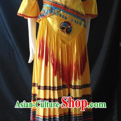 Zhuang Yellow Pleated Long Skirt Stage Singing Performance Costume