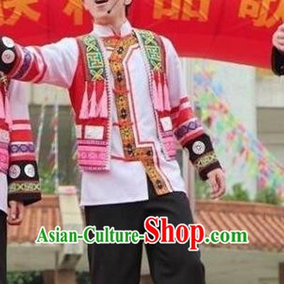 Guangxi Zhuang Nationality Stage Performance Costume Minority Men Black Trousers Three Piece Set