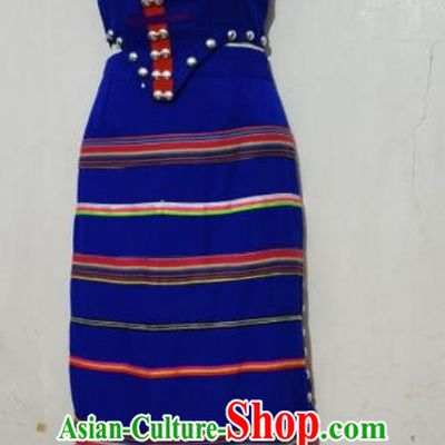 China Ethnic Wa Minority Costume Blue 2 Piece National Festival Event Costume National Dance Performance Costume