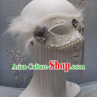 European And American White Lace Retro Elegant Mysterious Mask Tassel Covering Masquerade Halloween Carnival Party