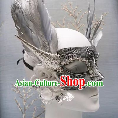 Exaggerated Venetian Silver Flower Mask Feather Masked Singer Halloween Carnival Masquerade Party