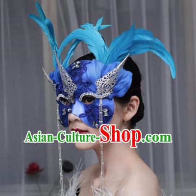 European And American Exaggerated Venice Blue Flower Mask Feather Masked Singer Halloween Carnival Masquerade Party