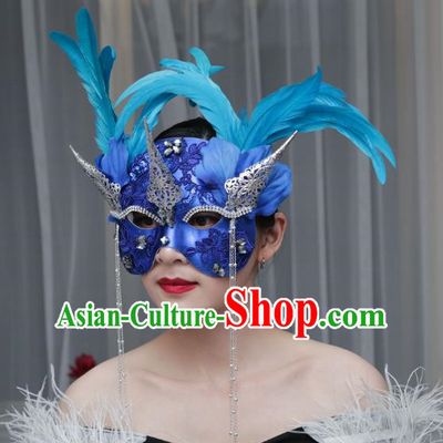 European And American Exaggerated Venice Blue Flower Mask Feather Masked Singer Halloween Carnival Masquerade Party