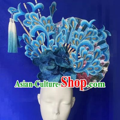 Chinese Style Blue And White Fan Shaped Porcelain Ancient Style Catwalk Model Competition Photography Exaggerated Headdress Hair Accessories