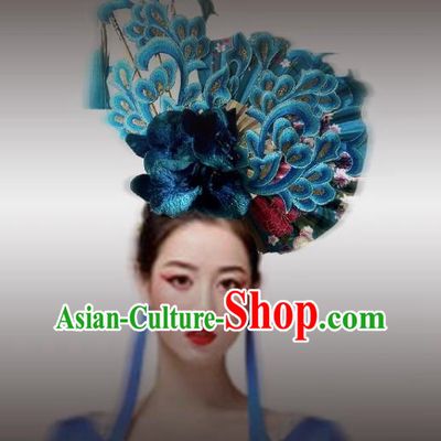 Chinese Style Blue And White Fan Shaped Porcelain Ancient Style Catwalk Model Competition Photography Exaggerated Headdress Hair Accessories