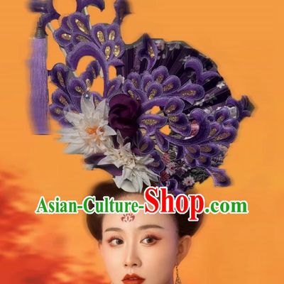 Chinese Style Blue And White Fan Shaped Porcelain Ancient Style Catwalk Model Competition Photography Exaggerated Headdress Hair Accessories