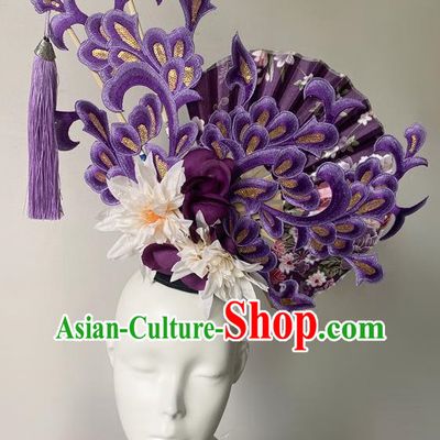 Chinese Style Blue And White Fan Shaped Porcelain Ancient Style Catwalk Model Competition Photography Exaggerated Headdress Hair Accessories