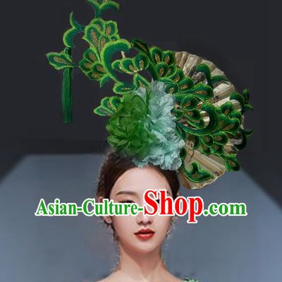 Chinese Style Blue And White Fan Shaped Porcelain Ancient Style Catwalk Model Competition Photography Exaggerated Headdress Hair Accessories