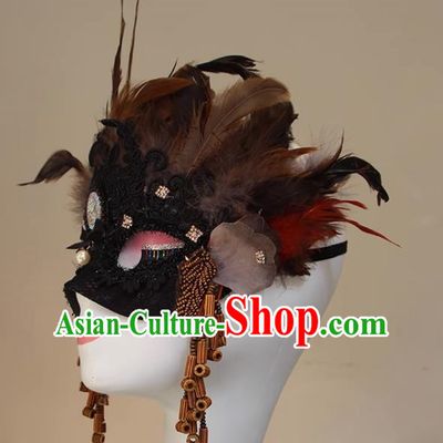 Ethnic Style Feather Brown Mask Performance Halloween Fashion Party Mysterious Half Face Accessories COS