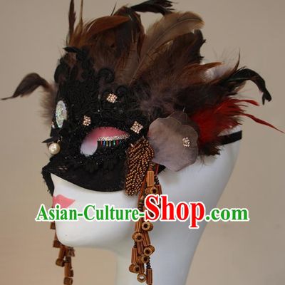 Ethnic Style Feather Brown Mask Performance Halloween Fashion Party Mysterious Half Face Accessories COS