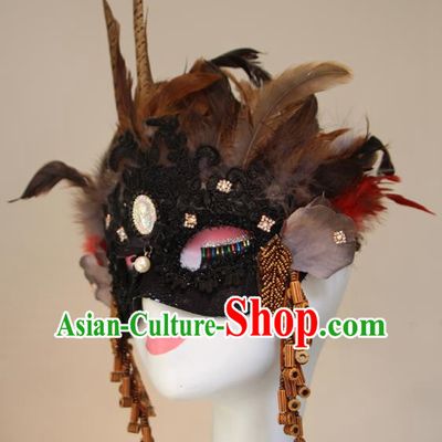 Ethnic Style Feather Brown Mask Performance Halloween Fashion Party Mysterious Half Face Accessories COS