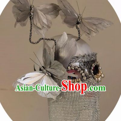 Silver Three Dimensional Feather Butterfly Metal Plating Texture Draped Veil Mask COS Performance Accessories