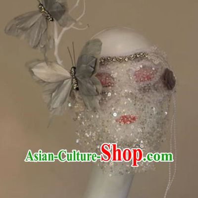 Silver Three Dimensional Feather Butterfly Metal Plating Texture Draped Veil Mask COS Performance Accessories